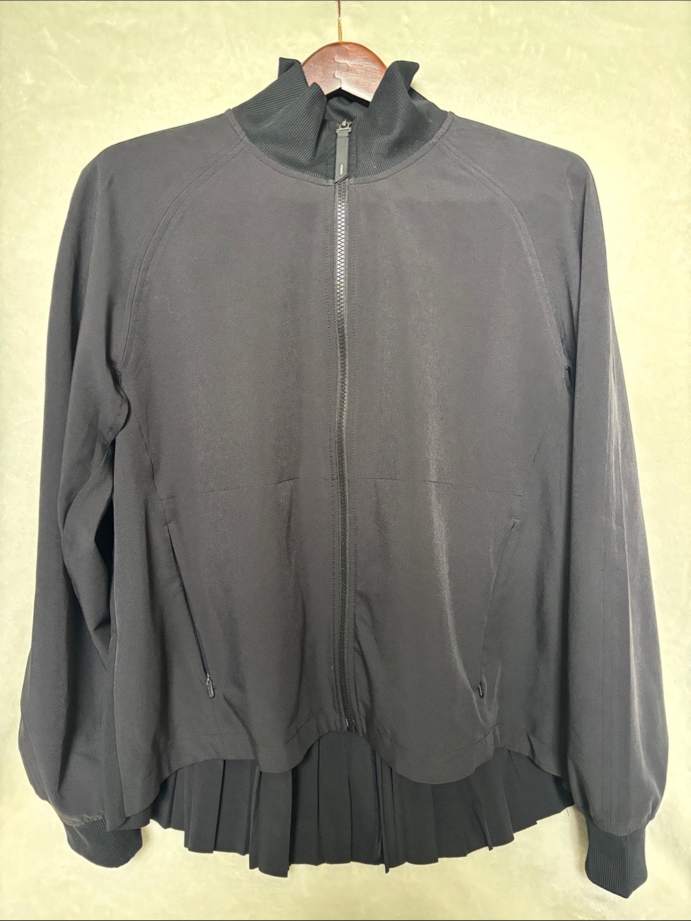 Athleta Black Zip-Front Bomber Jacket with Pleated Hem